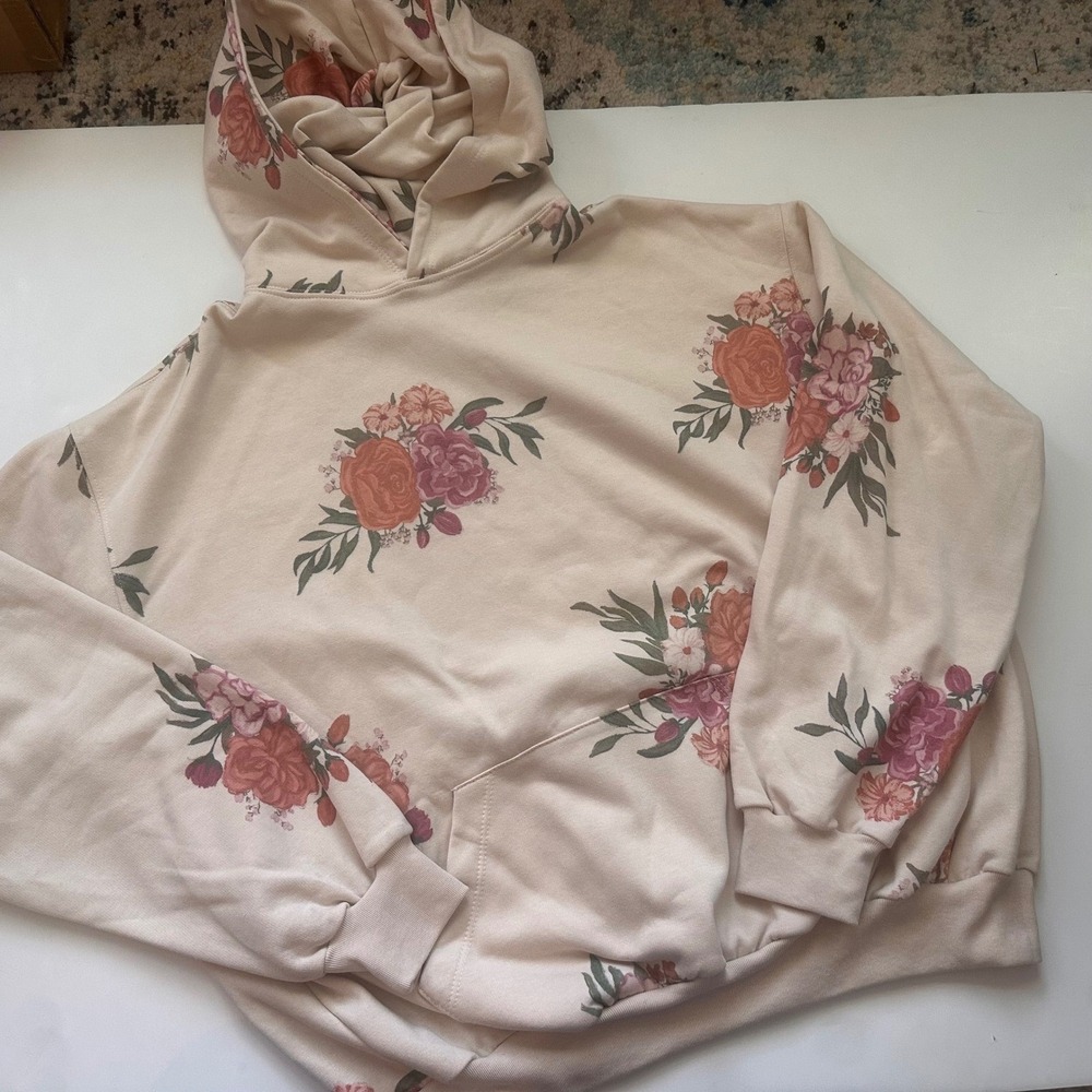 Angela Rose Home Women Floral Pullover Hoodie Cream Pink Orange XS/S